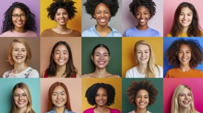 Diverse group of women posing for portraits. Multiple portraits with colored backgrounds, AI