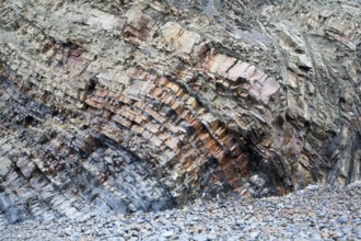 Complex folding of sedimentary rock strata in coastal cliffs at Hartland Quay, north Devon,