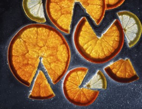 Transparent slices of fresh oranges and lemons on the glass