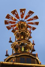 Illuminated Christmas pyramid at the market, Christmas market, Blue Hour, Paderborn, Westphalia,