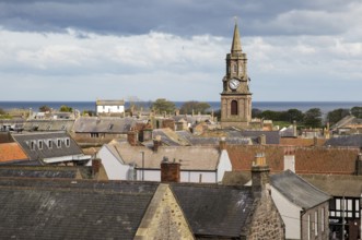 The Town Hall built 1754–60 set amongst rooftops, Berwick-upon-Tweed, Northumberland, England, UK