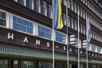 Ukrainian and Jewish flag in front of the town hall Hans-Sachs-Haus in Gelsenkirchen, Ruhr area,