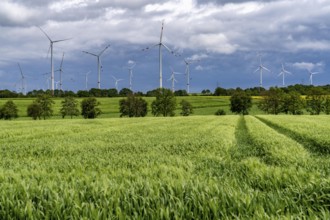 Wind farm east of Geilenkirchen, dark storm clouds, strong wind, North Rhine-Westphalia, Germany,