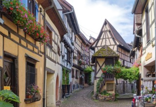 Well-kept half-timbered houses with floral decorations and narrow alleyways in the town centre of