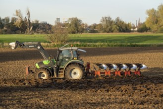 Farmer ploughing a field, tractor with plough, near Neuss, North Rhine-Westphalia, Germany, Europe