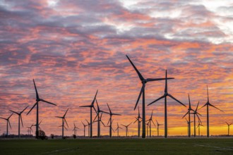 Wind farm near the East Frisian town of Norden, east of the town, sunset, Lower Saxony, Germany,