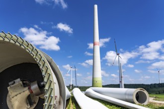 Repowering of a wind farm, near Brilon-Radlinghausen, 2 old turbines are demolished, rotors and