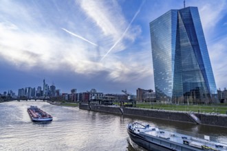 Skyline of Frankfurt am Main, skyscrapers, business and banking district in the city centre, cargo