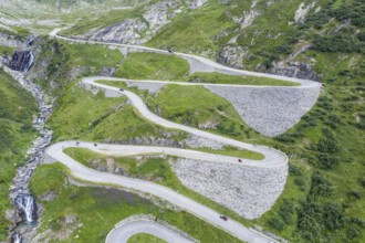 Historical road Tremola, mountain pass Sasso San Gotthardo, aerial view, Switzerland, Europe