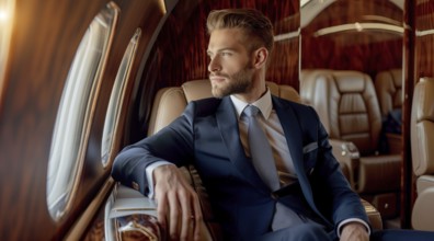 Successful businessman sitting in a plane, looking out the window. Business travel, global