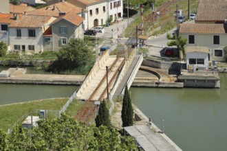 View of railway swing bridge over the Canal du Rhone a Sete, canal with swing bridge, track,