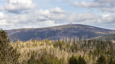 A mountain landscape with a television tower in the background under a blue sky, Harz Mountains,