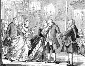 Return of Crown Prince Frederick and reconciliation with his father, palace, hall, mother,