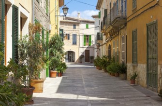 Narrow sunny street view in a Mediterranean town with potted plants and colourful shutters,