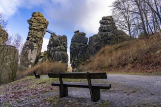 The Externsteine, a sandstone rock formation, in the Teutoburg Forest, near Horn-Bad Meinberg,