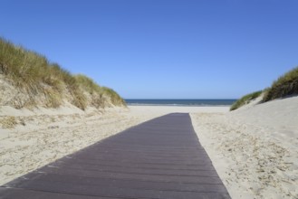 Boardwalk leads through the dunes to the extensive sandy beach, blue sky, North Sea, Juist, East