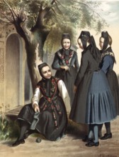 Traditional costumes in Germany around 1820, Grand Duchy of Hesse, Hochweisel and Pohlgöns, Four