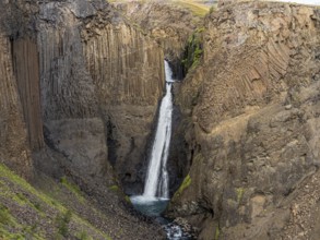 Litlanesfoss waterfall, hexagonal basalt columns, Iceland, Europe