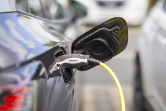 Electric cars at charging stations, Dresden, Saxony, Germany, Europe