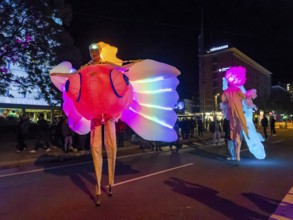 Walking act, underwater, stilt artists float gracefully across the festival as fish, octopus or