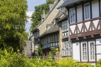 Half-timbered houses on the river Abzucht. The Glucsburgh, Old Town, Goslar, Lower Saxony, Germany,