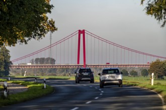 Rhine bridge Emmerich, on the Lower Rhine, left bank of the Rhine, landscape, dyke foreland near