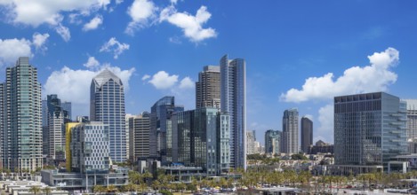 USA, Scenic San Diego downtown financial district city skyline and skyscrapers. San Diego Bay,