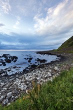 Rocky coast, coastline, dusk by the sea, Giant's Causeway, Giants Causeway on the horizon, Causeway