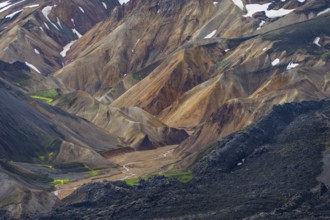 Small river between colourful rhyolite mountains, volcanic landscape, colourful erosion landscape,