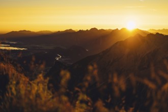 View from the Aggenstein and the foothills of the Alps in Ostallgäu and the Ammergebirge at