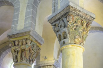 Colourfully painted capitals in the Romanesque church of Saint-Nectaire, Département Puy-de-Dôme,