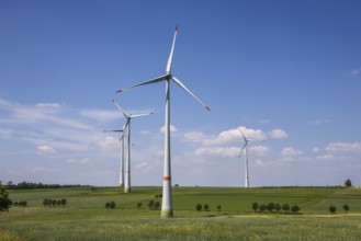 Lichtenau, North Rhine-Westphalia, Germany, wind farm in agricultural landscape with fields, hills