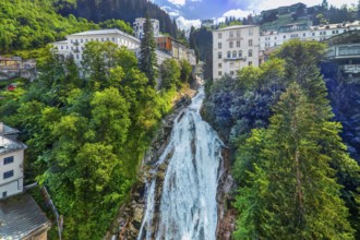 Panorama of the historic town centre with waterfall of the Gasteiner Ache, Bad Gastein, Gastein