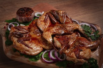 Fried, quail meat, tobacco (tapaka), with spices, homemade, no people