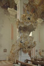 Magnificent baroque pulpit with sounding board by Johannes Förster, interior view, baroque, stucco