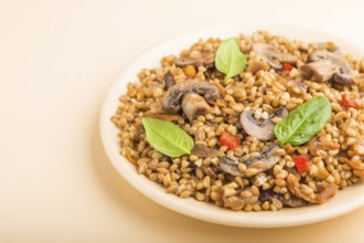 Spelt (dinkel wheat) porridge with vegetables and mushrooms on ceramic plate on orange background.