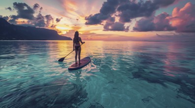 SUP paddling, Young attractive lady on a stand up paddle on serene beautiful lake at sunset., AI