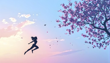 Abstract minimalist spring scene with a single, sharp silhouette of a rhythm gymnastic and of a