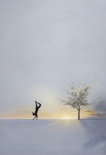 Abstract minimalist spring scene with a single, sharp silhouette of a rhythm gymnastic and of a