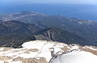 View of the Turkish Riviera from the snow-covered Tahtali Dagi, cable car, Turkey, Asia