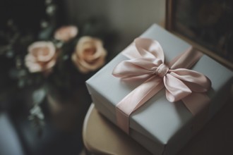 White Valentine's day gift box with ribbon and pink rose flowers in blurry background. Generative