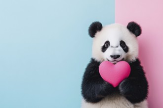 Cute Giant Panda bear holding pink plush heart in front of blue and pink background with copy space