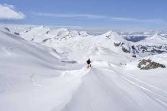 Lone ski tourer in mountain landscape with snow, behind summit Mittaghorn and Wildhorn, ascent to