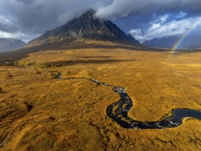 Morning light, cloudy mood, river, moor, mountain landscape, aerial view, rainbow, autumn, view of