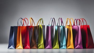 Assorted vibrant shopping bags lined up in front of a grey background, AI generated