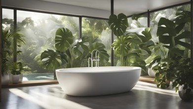 Modern bathroom with bath tube and tropical plants, AI generated