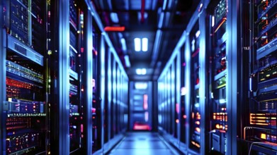 Modern server room filled with racks of computers and intricate installations, AI generated