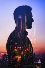 AI generated profile of a businessman with a double exposure of city lights, representing business