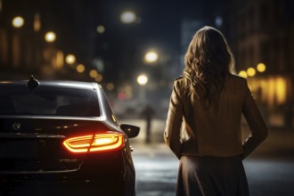 Back view of woman walking towards car i8n street at night. KI generiert, generiert, AI generated