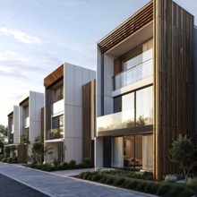 AI generated row of modern modular private townhouses featuring wooden cladding distinct panels